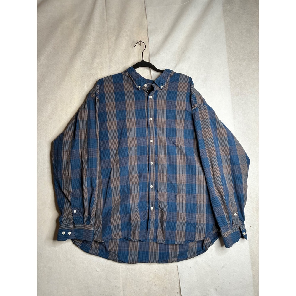 Double Pump Mens 4XL Blue Brown Plaid Long Sleeve Button Down Cotton Shirt‎
